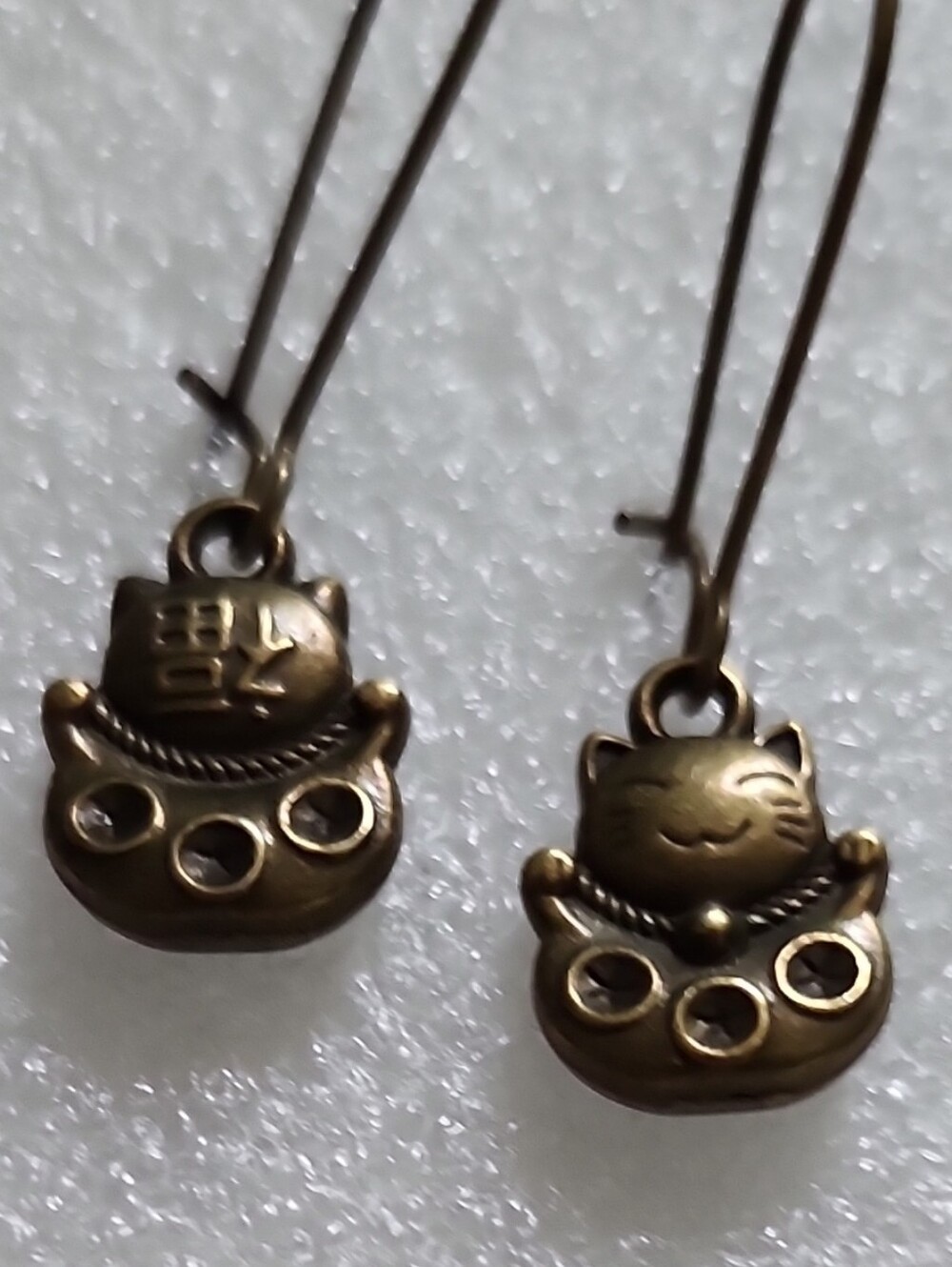 Hand Crafted Bronze Lucky Cat Dangle Earrings